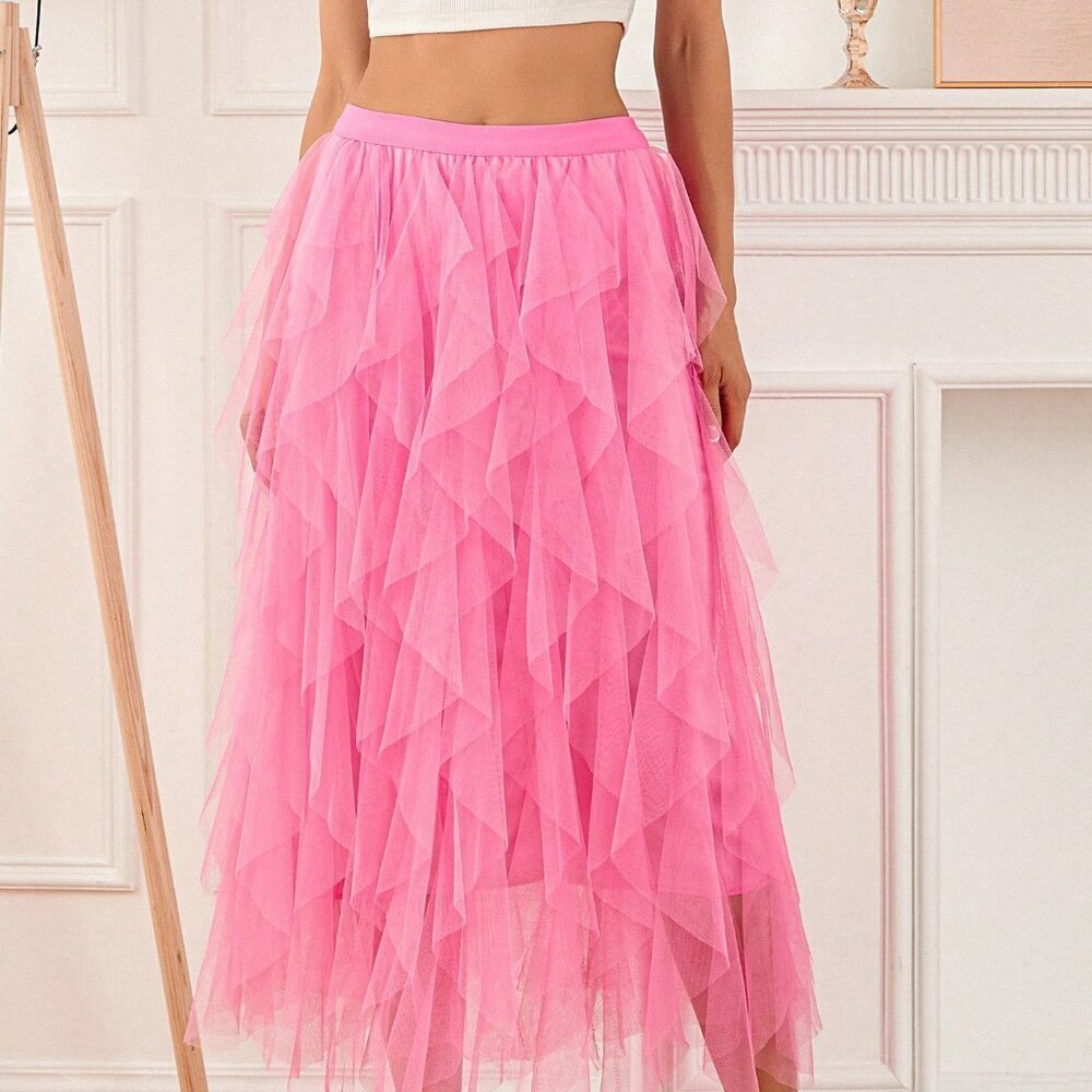 Pink Elegant Women's Sexy Long High Waist Tulle Skirt - Picture 4 of 8